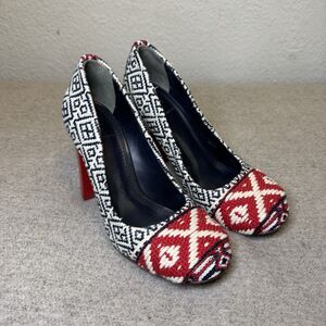Tory Burch Dara Pumps 7 Women Woven Navy Red Heels 4” Boho Aztec Southwest Logo